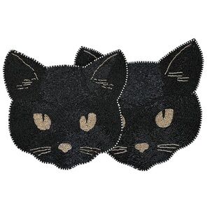 2pc BLACK CAT Beaded Placemat 14" Spooky Halloween Decor CHRISTIAN LACROIX New